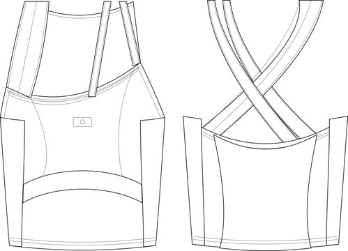 Detailed technical flat sketch showing front and back views of fitted sports bra with scoop neckline, wide underbust band, and crisscross back straps