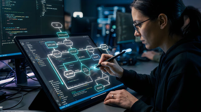 Professional software developer working on a complex digital flowchart using a stylus on a high tech touchscreen monitor