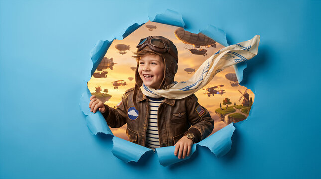 Happy young boy wearing aviator hat and goggles peeking through ripped blue paper, fantasy landscape with airships and windmills in background. Adventure, childhood, imagination.