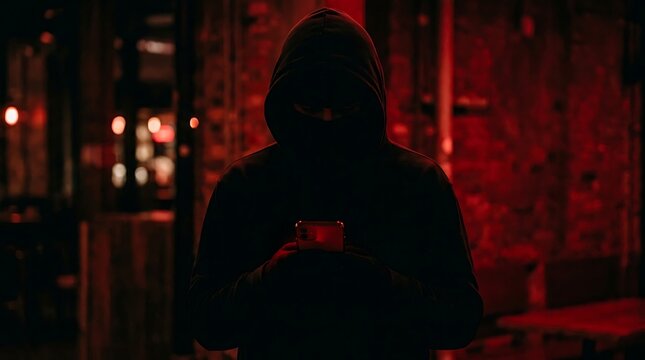 Hooded hacker using smartphone in dark room with red neon lighting for cyber security concept