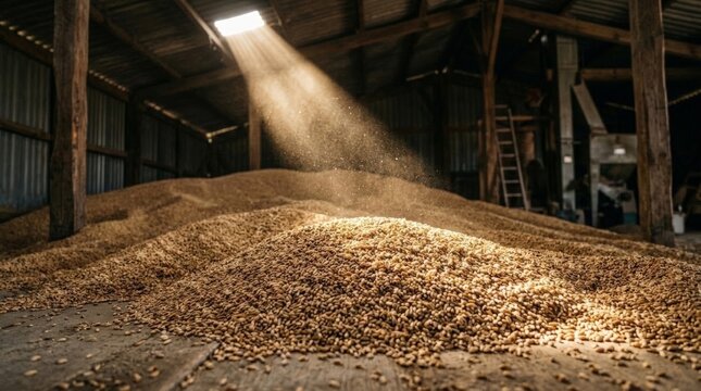 A beam of sunlight illuminates heaps of harvested grain inside a rustic wooden barn during a successful grain silo harvest, creating a warm, dusty atmospheric glow across the room