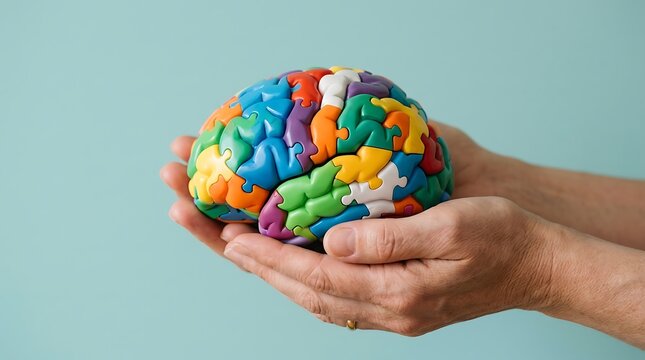 Hands holding a colorful jigsaw puzzle brain model representing mental health and awareness