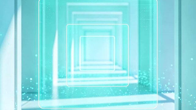 Abstract cyan digital tunnel with nested rectangular frames and glowing points