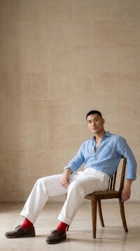 Confident east asian man sitting relaxed on wooden chair in light blue shirt and white trousers