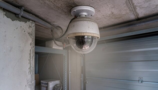 Old security surveillance camera covered in thick dust and dirt.