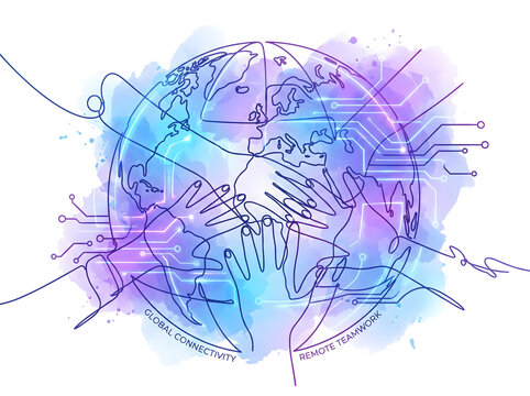 Continuous line art globe with interconnected hands and digital circuit lines symbolizing global connectivity and remote teamwork