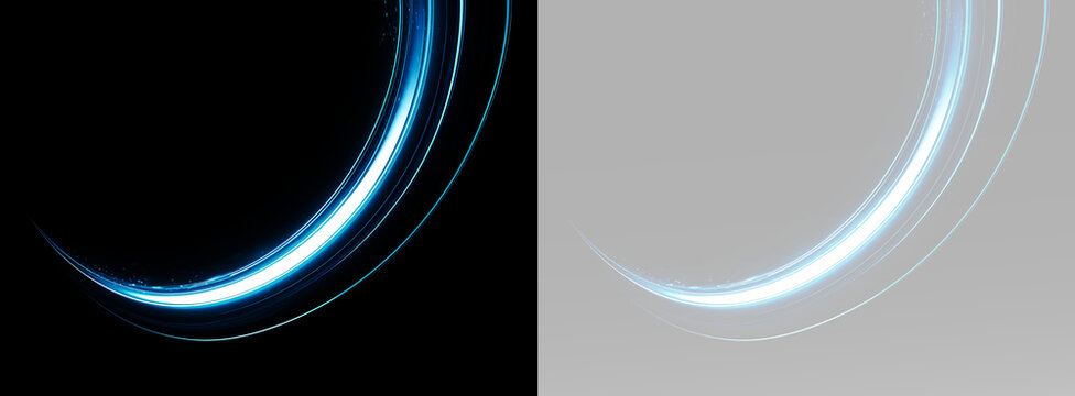 Abstract blue halo section with a radiant curved beam and subtle transparent strands