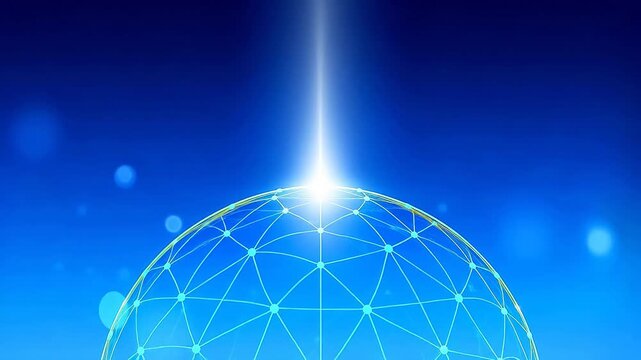 Digital spherical grid model with light beam radiating upward against blue background