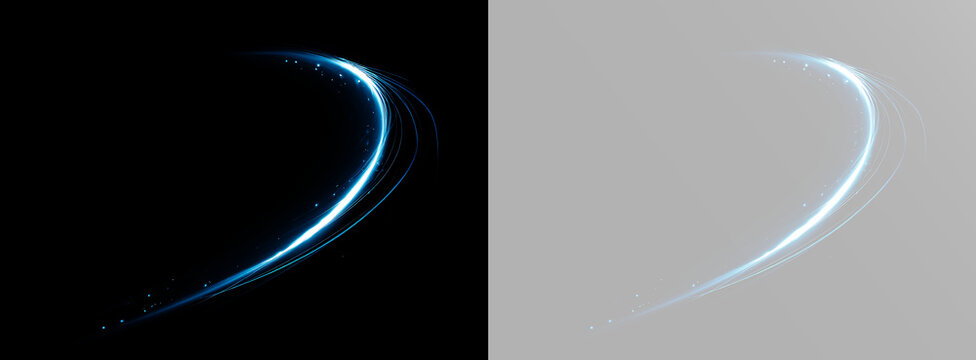 Blue neon arc with a bright curved light trail and smooth glowing lines creating fast motion