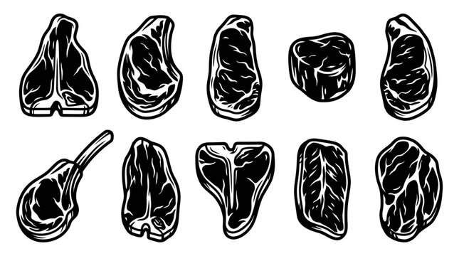 Stylized monochrome vector collection of different beef steak cuts and meat cross sections for food, butcher shop, barbecue and culinary illustrations
