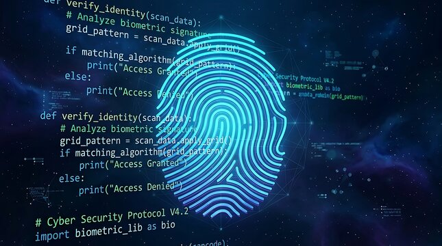 Digital fingerprint biometric identification icon on abstract cyber security code background