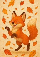 Fototapeta premium Playful fox amidst autumn leaves.