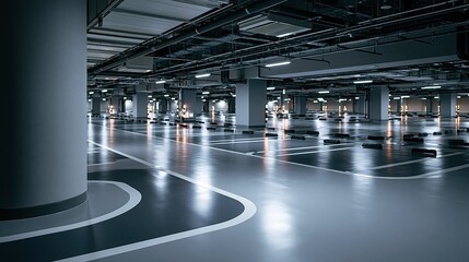Obraz premium Modern Underground Parking Garage with Reflective Floors and Artificial Lighting