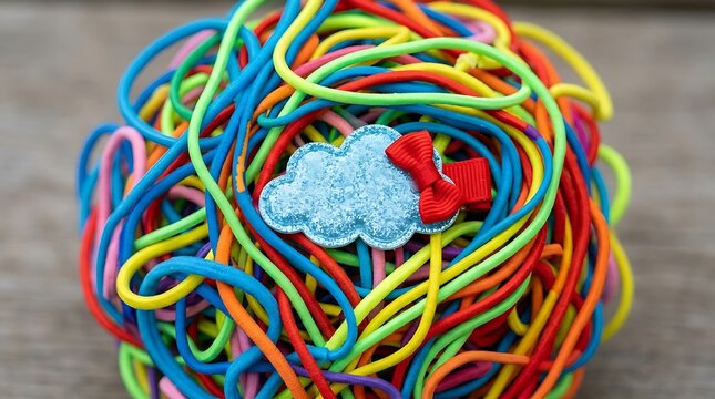 Colorful tangled rubber bands ball with a blue cloud patch and red bow decoration