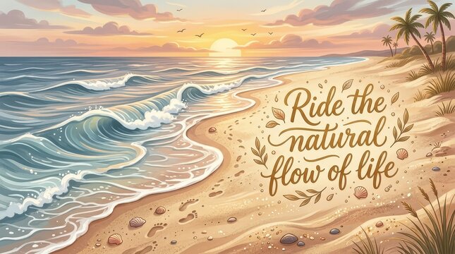 Inspirational Beach Sunset Illustration with Ride the Natural Flow of Life Calligraphy Quote