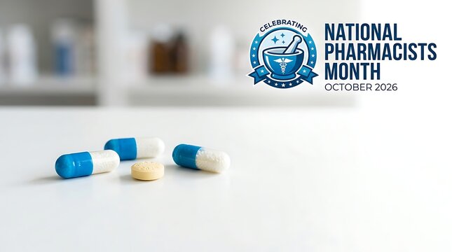 National Pharmacists Month concept with blue and white medical capsules on white background