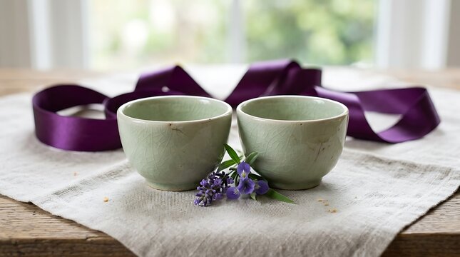 Two ceramic tea cups with purple ribbon and flowers on a rustic wooden table background