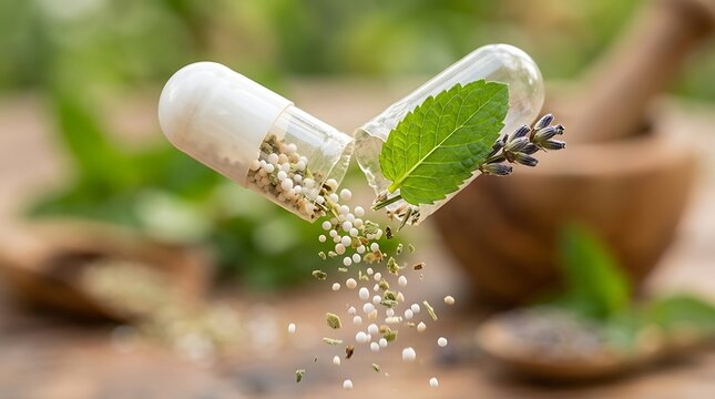 Open herbal medicine capsule with fresh mint and lavender leaves for natural health.