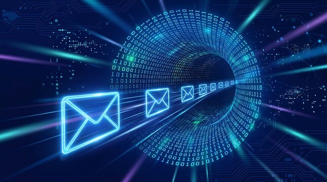 Digital email icons flying through a glowing binary code data tunnel for network transfer