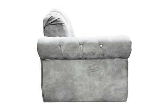 Grey velvet sofa side view isolated on transparent background.