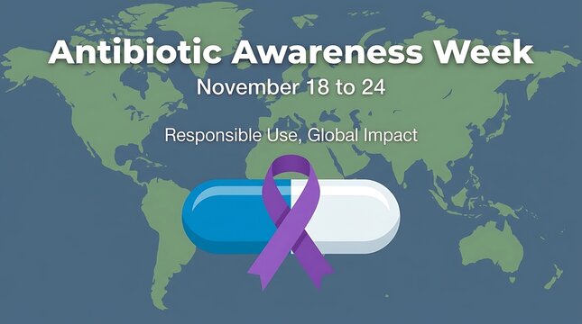 Antibiotic Awareness Week banner with medical pill and purple ribbon on world map background