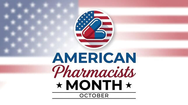 American Pharmacists Month banner with US flag background and medical pill icon