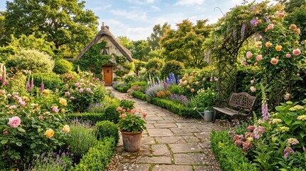 Obraz premium Enchanting English Cottage Garden with Stone Path and Blooming Flowers in Summer