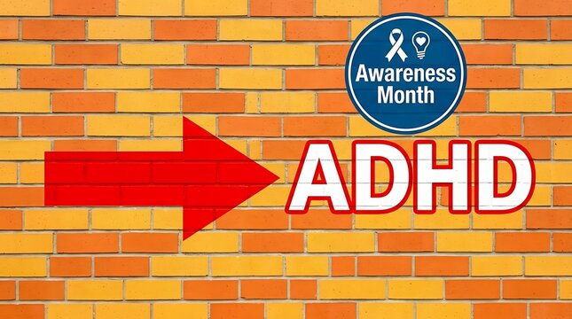ADHD Awareness Month concept with red arrow pointing to text on a brick wall background.