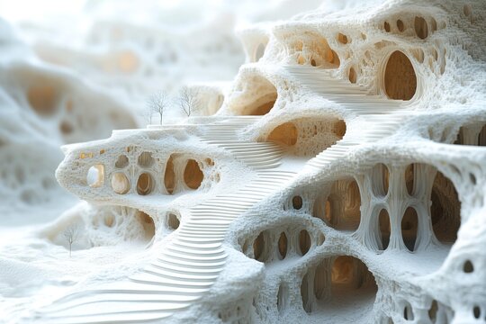 Futuristic white architecture with stairs organic cave design abstract background fantasy surreal landscape artistic sci fi modern minimal style