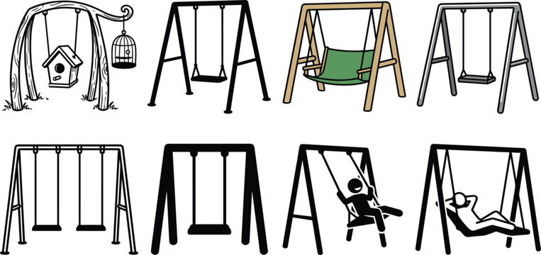 Playground swing and garden hammock seat vector collection featuring birdhouse cage seat park bench relaxing elements