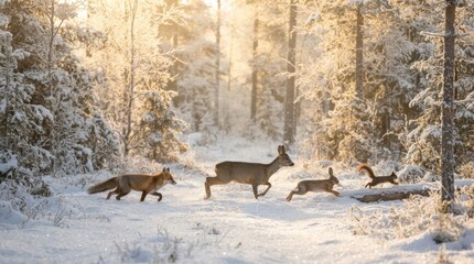 Fototapeta premium Winter Wildlife Chase: A fox, a deer, and two rabbits dash through a snow-covered forest path as the sun's golden rays illuminate the frosted trees, creating a scene of dynamic winter beauty.