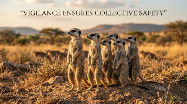 Group of Meerkats Standing Guard in the African Savanna with Inspirational Quote Text Overlay
