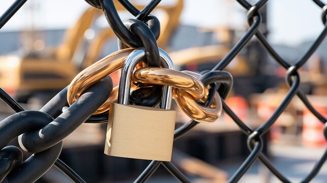A metal padlock secures a heavy chain attached to a chainlink fence.