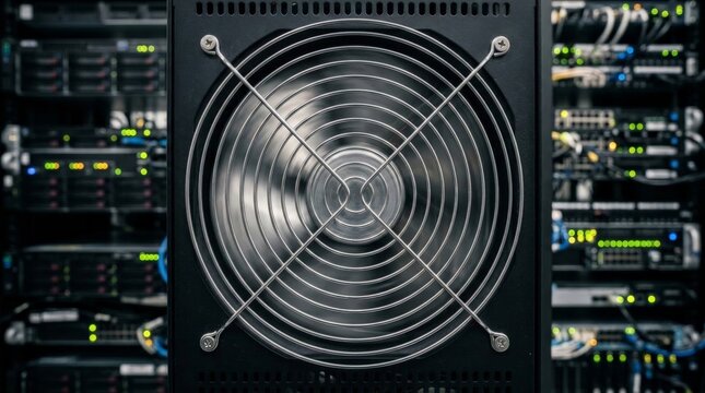 A close up view of a server cooling fan mounted inside a rack enclosure with multiple server blades visible in the blurred background under cool lighting conditions