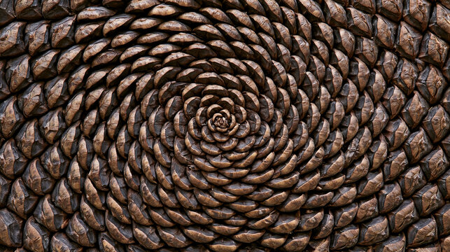 Pinecone scales spiral into a natural Fibonacci geometric abstract pattern.