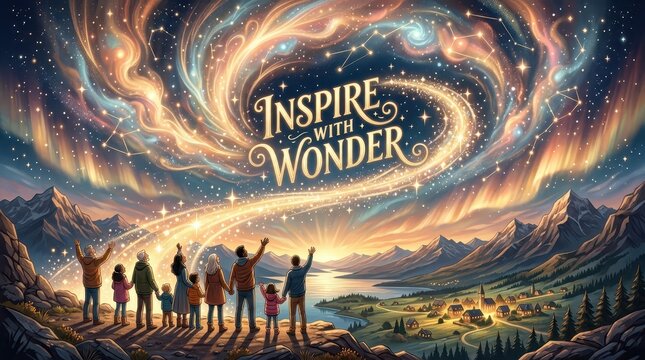 Group of People Watching Magical Aurora Borealis Over Mountain Valley Landscape