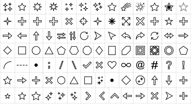 A collection of various outline-style vector icons including shapes, arrows, stars, and symbols