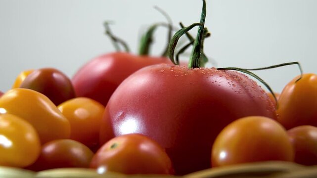 Low angle rotation of large tomatoes and yellow grape cherries