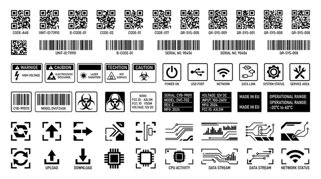 A collection of various technical labels, QR codes, barcodes, hazard signs, and electronic icons