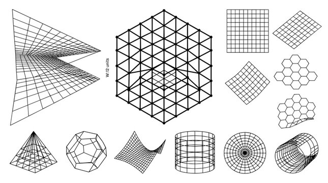 A collection of various wireframe 3D geometric shapes, grid patterns, and mathematical surfaces