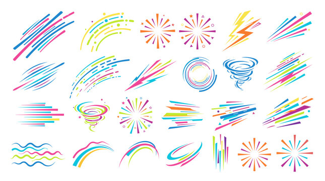 A collection of vibrant, colorful graphic design elements, including bursts, swirls, and lines