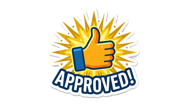 A colorful cartoon illustration of a hand giving a thumbs up sign with the text Approved below it