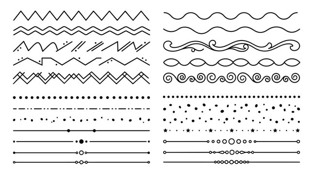 A collection of various hand-drawn divider lines, swirls, dots, and zigzags on a white background