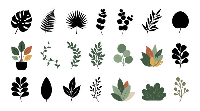A collection of various hand-drawn plant icons, leaves, and foliage silhouettes on a white background