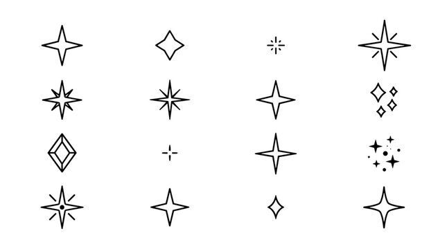 A collection of various hand-drawn star and sparkle icons rendered in a clean black outline style