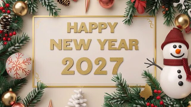 A 3D snowman waves cheerfully as the message &ldquo;Happy New Year 2027&rdquo; appears, creating a festive and joyful celebration video.