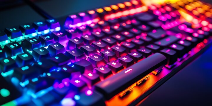 Close-up of a colorful backlit mechanical keyboard with RGB lighting effects for gaming and productivity