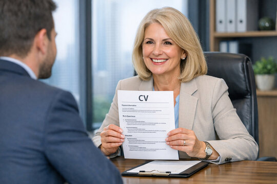 Job interview success with business woman holding documents, smiling confidently in an office, surrounded by man in business attire.