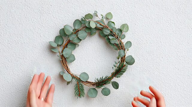 Minimalistic eucalyptus wreath with pine details held by cozy sweater-clad hands against white background