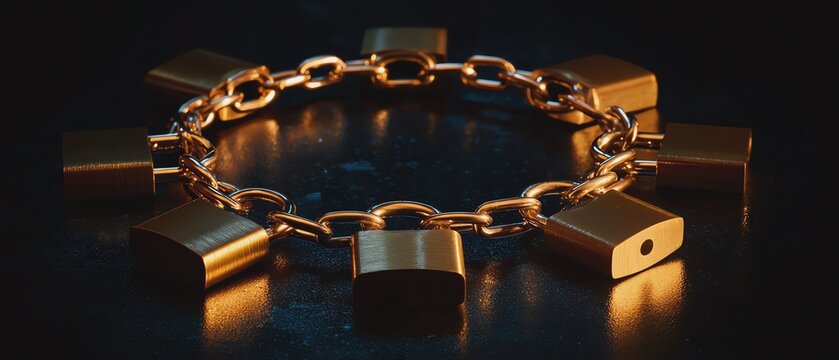 Golden padlocks on a metal chain concept image.
